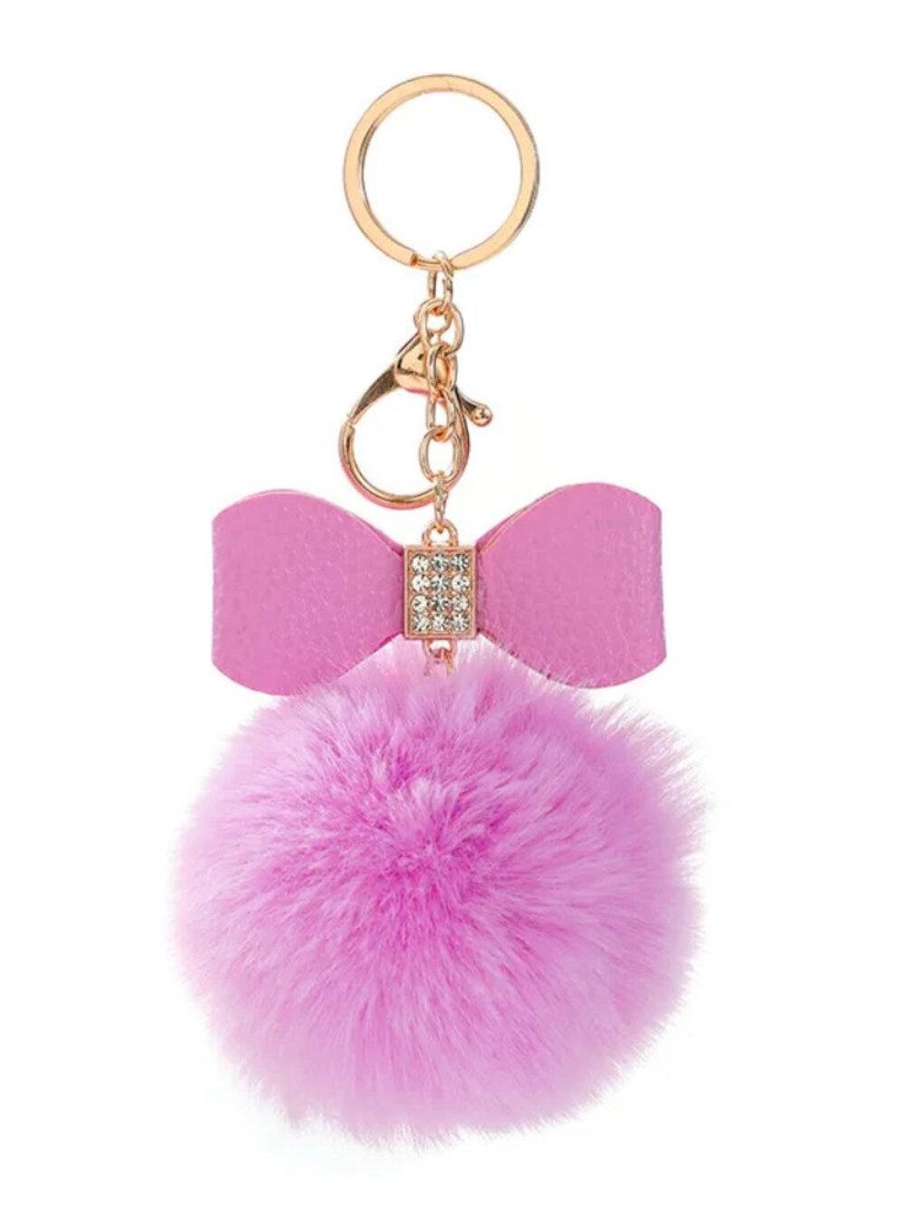 5/$20 New Purple Faux Fur Pom Pom Keychain Bag Charm Faux Leather Bow Rhinestone